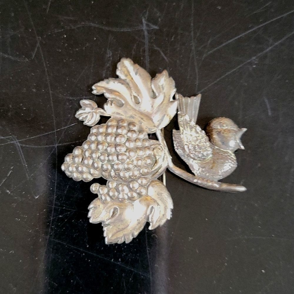 Vintage Lang Sterling Silver Pin Bird and Grapes